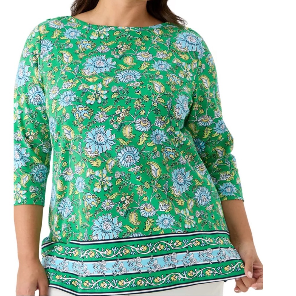 Kim Rogers Vibrant Green and Blue Patterned Blouse